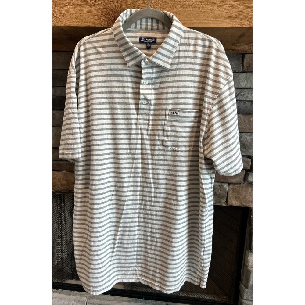 Men’s FISH HIPPIE Co. Gray/White Striped Short Sleeve Polo Shirt Size XXL *C8